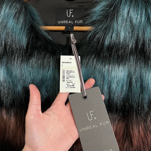 Unreal Fur Women's Striped Faux Fur Jacket in Teal and Burgundy - Picture 3 of 11